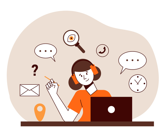 Illustration shows a person sitting at a laptop with icons floating above her head including question mark, telephone and email icon.